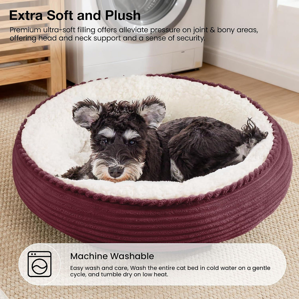Love's cabin Round Donut Cat and Dog Cushion Bed, 24in Pet Bed for Small or Medium Dogs, Anti-Slip & Water-Resistant Bottom, Soft Durable Fabric Pet Beds, Washable Calming Cat Bed Burgundy Stripe