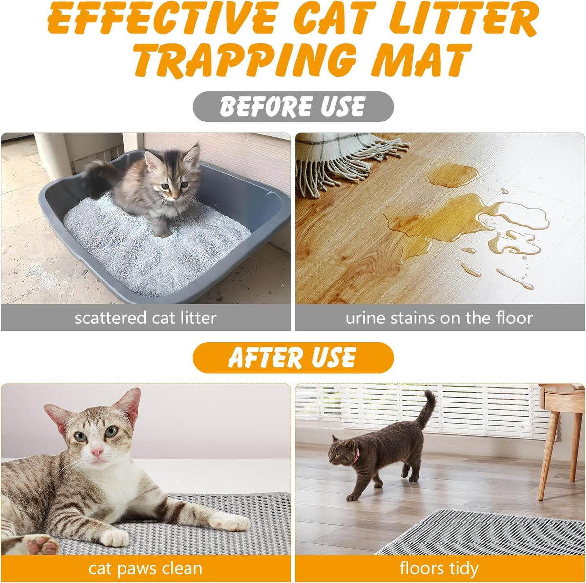 ondware Cat Litter Mat 24 x 15 in, Double Layer, Waterproof, Gray | Honeycomb EVA litter trapper, urine-proof non-slip base, soft on paws, easy shake or rinse clean