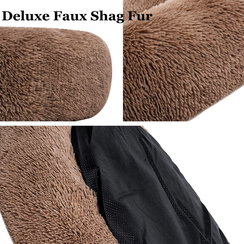 Coohom Oval Calming Donut Cuddler Dog Bed,Shag Faux Fur Cat Bed Washable Round Pillow Pet Bed(30"/36"/43") for Small Medium Dogs (XXL(43"x34"x8"), Camel)