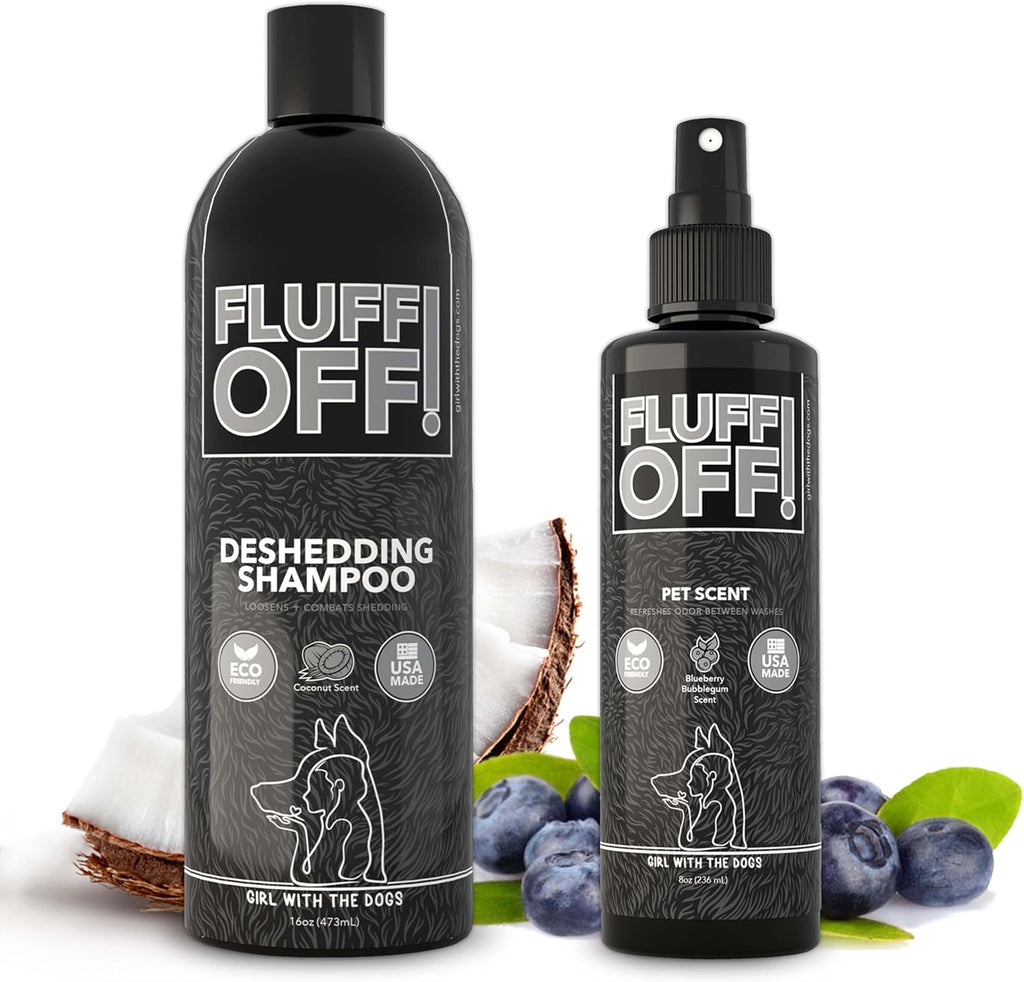 Fluff Off! by Girl With The Dogs, Natural Deshedding Dog & Cat Shampoo 16 Oz and Pet Scent 8 Oz