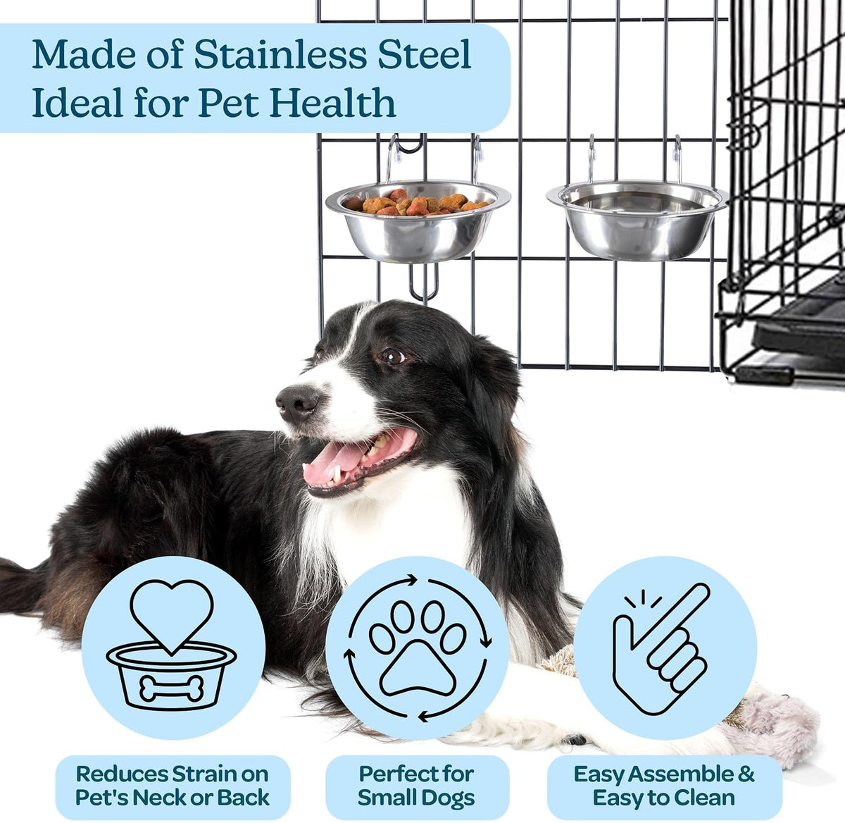 Set of 2 Stainless-Steel Dog Bowls - Cage, Kennel, and Crate Hanging Pet Bowls for Food and Water - 8oz Each and Dishwasher Safe by PETMAKER, Silver | Cage, Kennel, and Crate Hanging Pet Bowls for Food and Water, Dishwasher Safe Food and Water Pet Dishes 