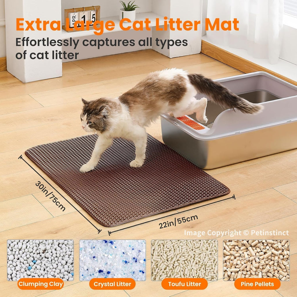 Extra Large Cat Litter Mat, Double Layer Honeycomb, Brown | 30x22”, Reduces Litter Tracking, Easy to Clean, Waterproof, Non-Slip, Soft on Paws, Scratch Resistant, Brown, XL