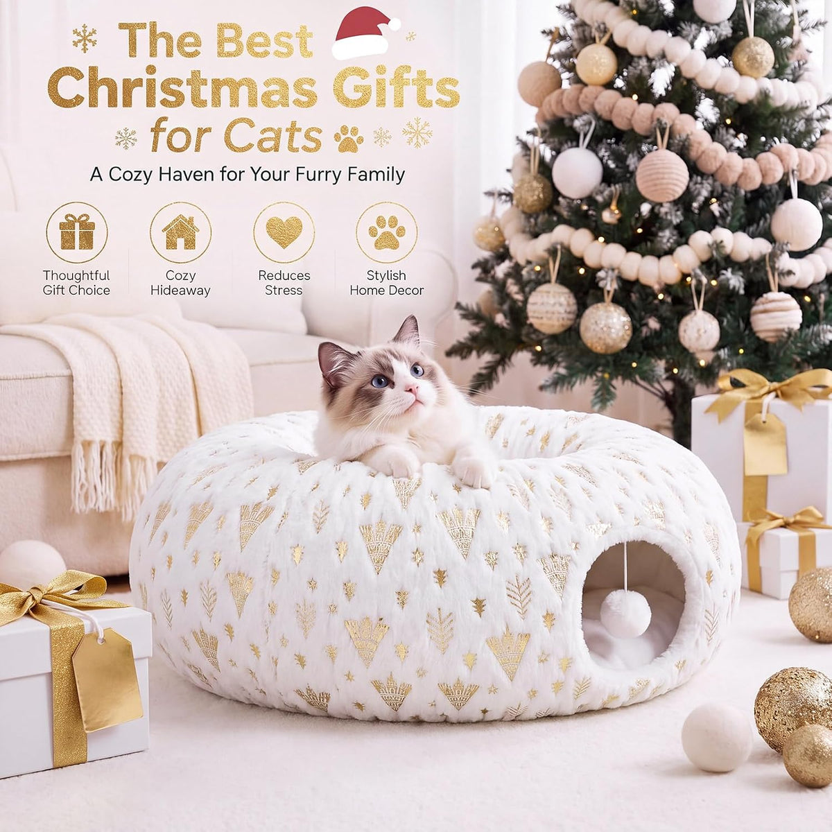 Christmas Tree Cat Tunnel 36 in Donut Bed, White, Polyester, Gold Foiling