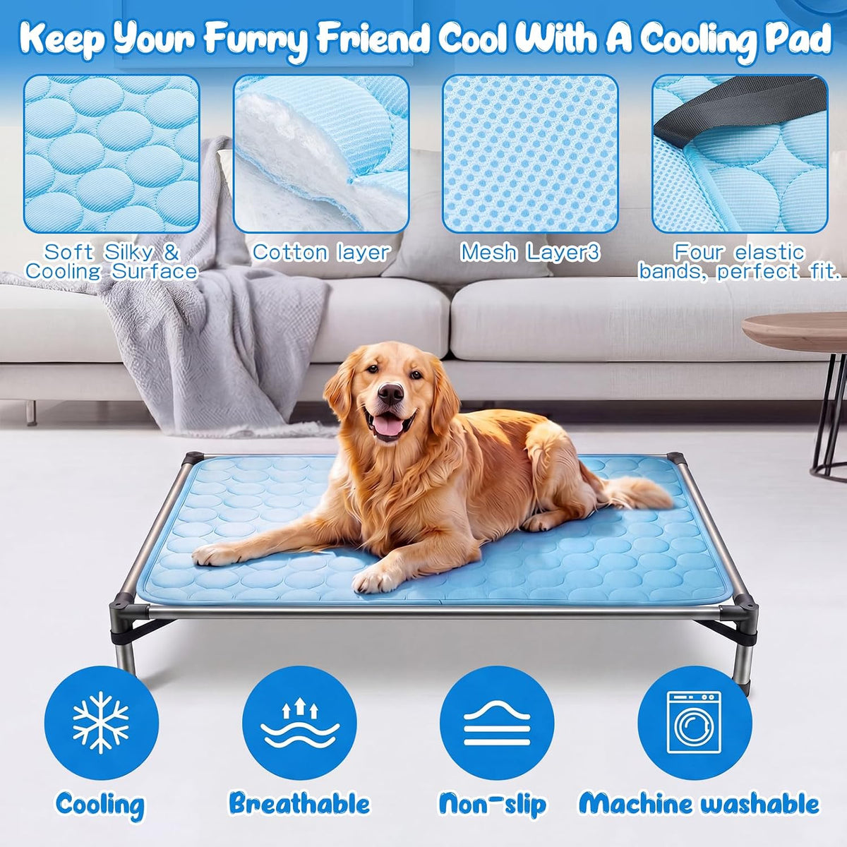 Elevated Dog Cat Bed Cover Replacement Pad, 42 x 30 Inch, Blue