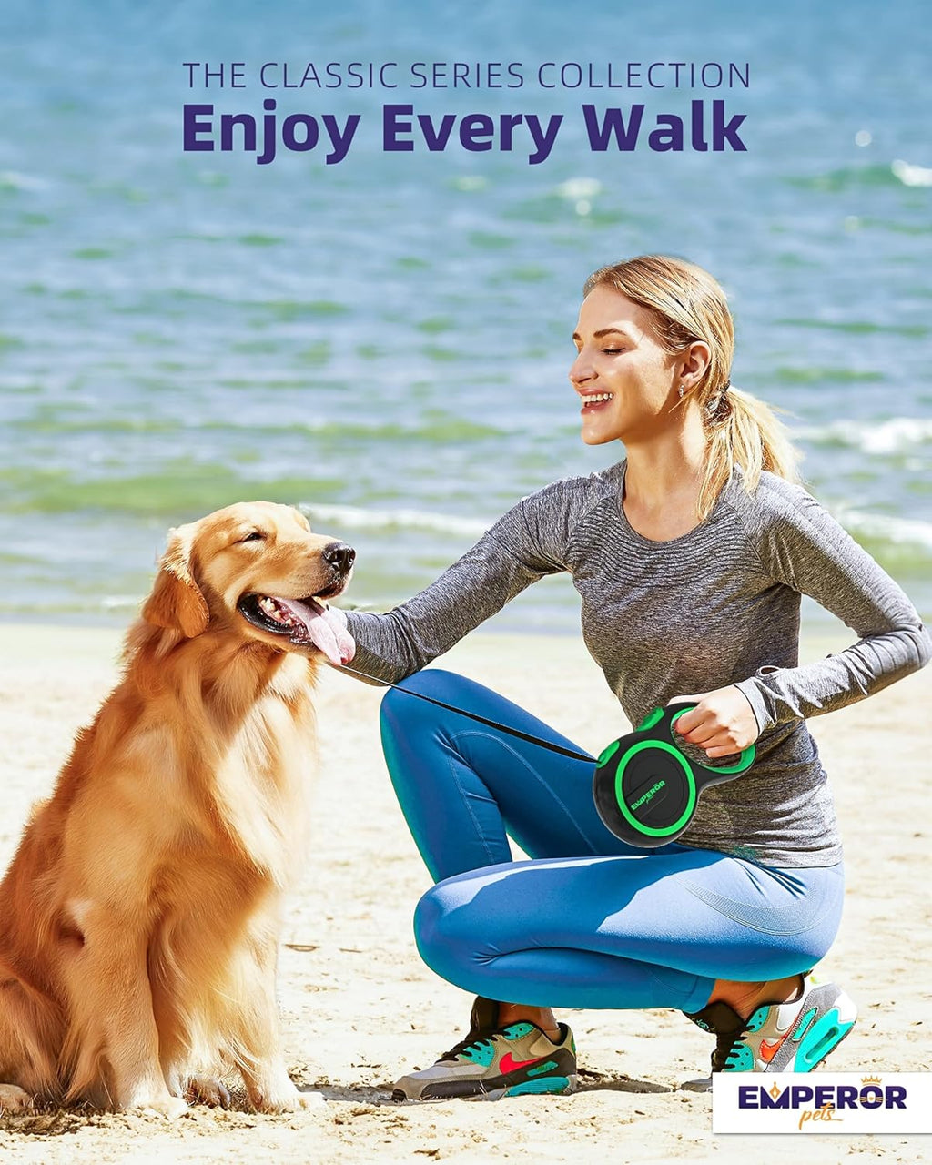 EMPEROR PETS 26.1 ft Retractable Dog Leash, for Dogs 10-110 lbs, Green