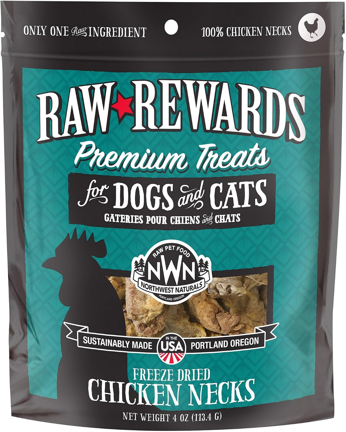 Northwest Naturals Raw Rewards Freeze-Dried Chicken Neck Treats for Dogs and Cats - Whole Neck - Healthy, 1 Ingredient, Human Grade Ingredients, All Natural, Proudly Made in USA, 4 Oz