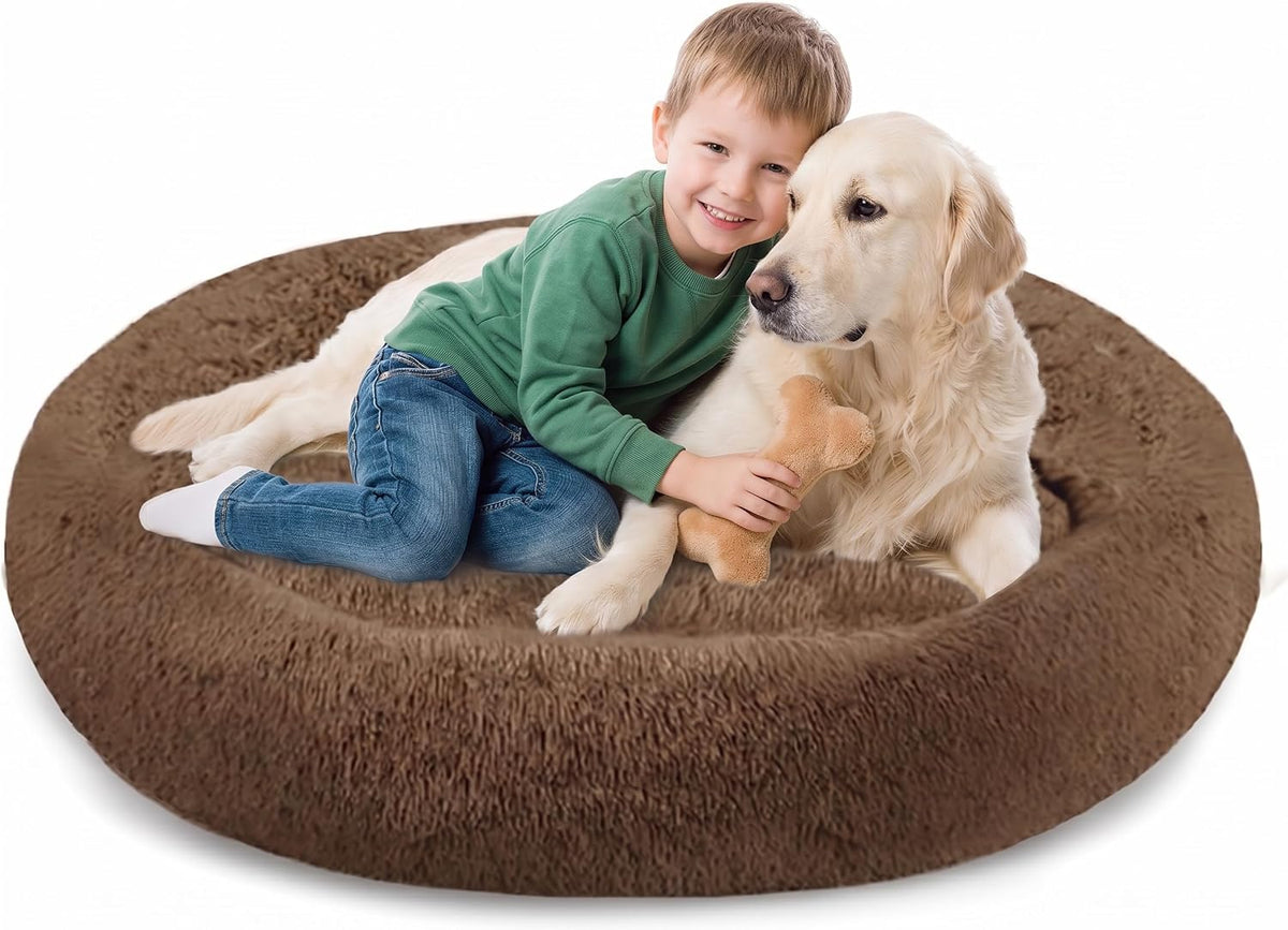 SAVFOX 54 inches Calming Donut Dog Bed - 3X Durable Plush Faux Fur, Machine Washable & Non-Slip, Fits up to 210 lbs, Removable Cover, Brown