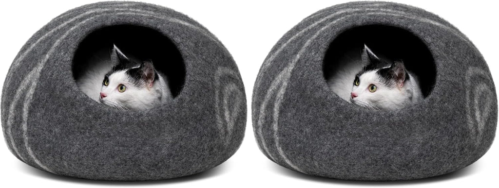 MEOWFIA Cat Cave – Premium Felt Cat Bed Enclosure for Indoor Cats, Handmade Merino Wool (Dark Grey, Large) (Pack of 2)