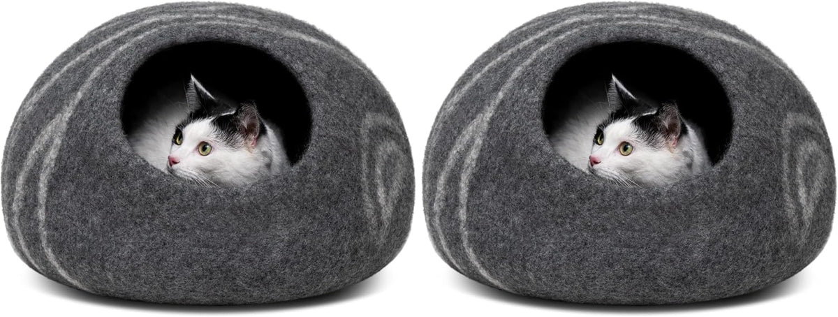 MEOWFIA Cat Cave – Premium Felt Cat Bed Enclosure for Indoor Cats, Handmade Merino Wool (Dark Grey, Large) (Pack of 2)