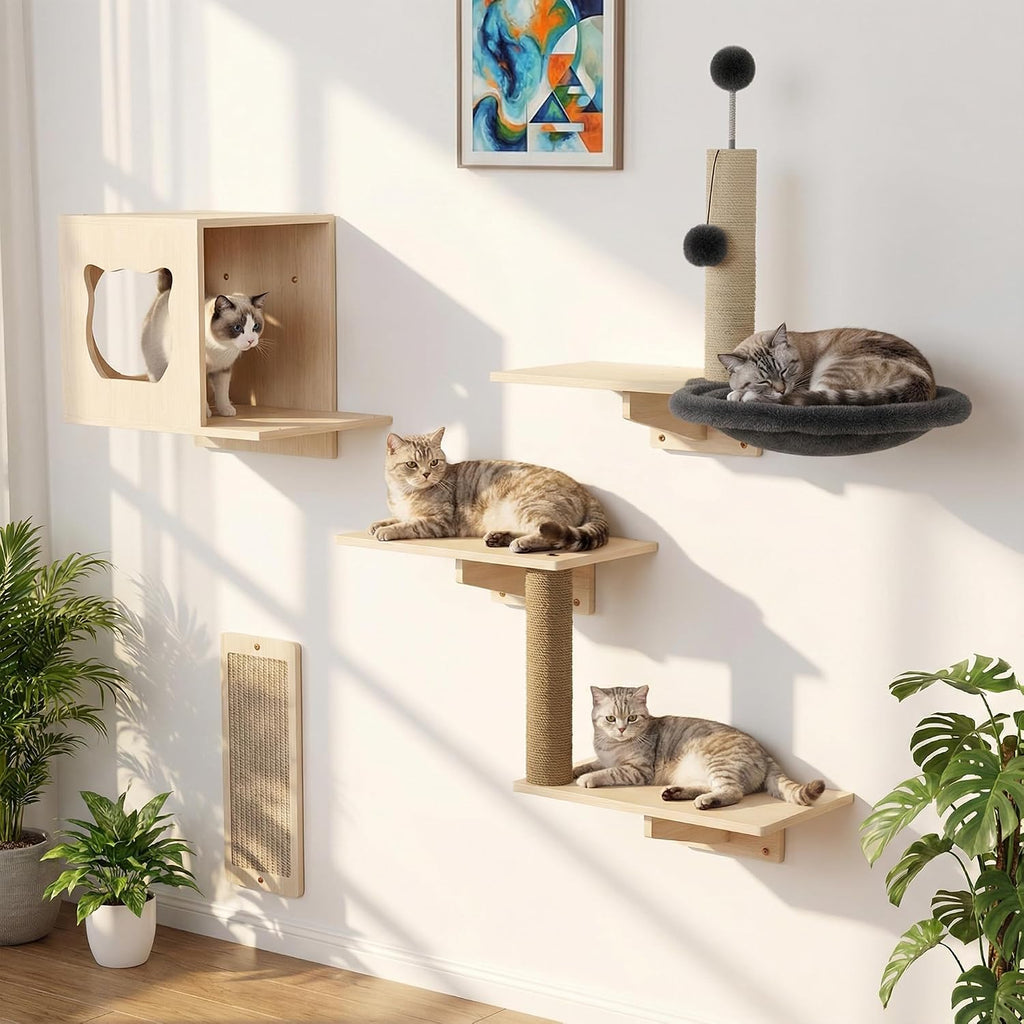 Cat Wall Shelves, Wooden 6-Piece Multi-Level Cat Climbing Furniture, House, Steps, Sisal Scratcher, Perches Bed & Ball, Space-Saving Wall Mounted Cats Shelves for Play & Rest