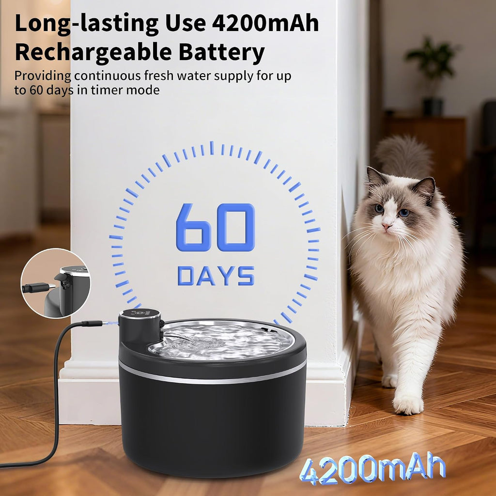 Cat Water Fountain Cordless, 108oz/3L Pet Fountains for Cats Indoor with Stainless Steel Tray, Battery Operated Cat Drinking Fountain with Motion Sens