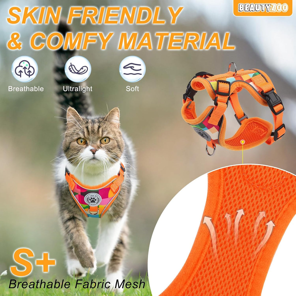 BEAUTYZOO Cat Harness and Leash,Escape Proof Easy-On Vest w/Neck Buckle, S