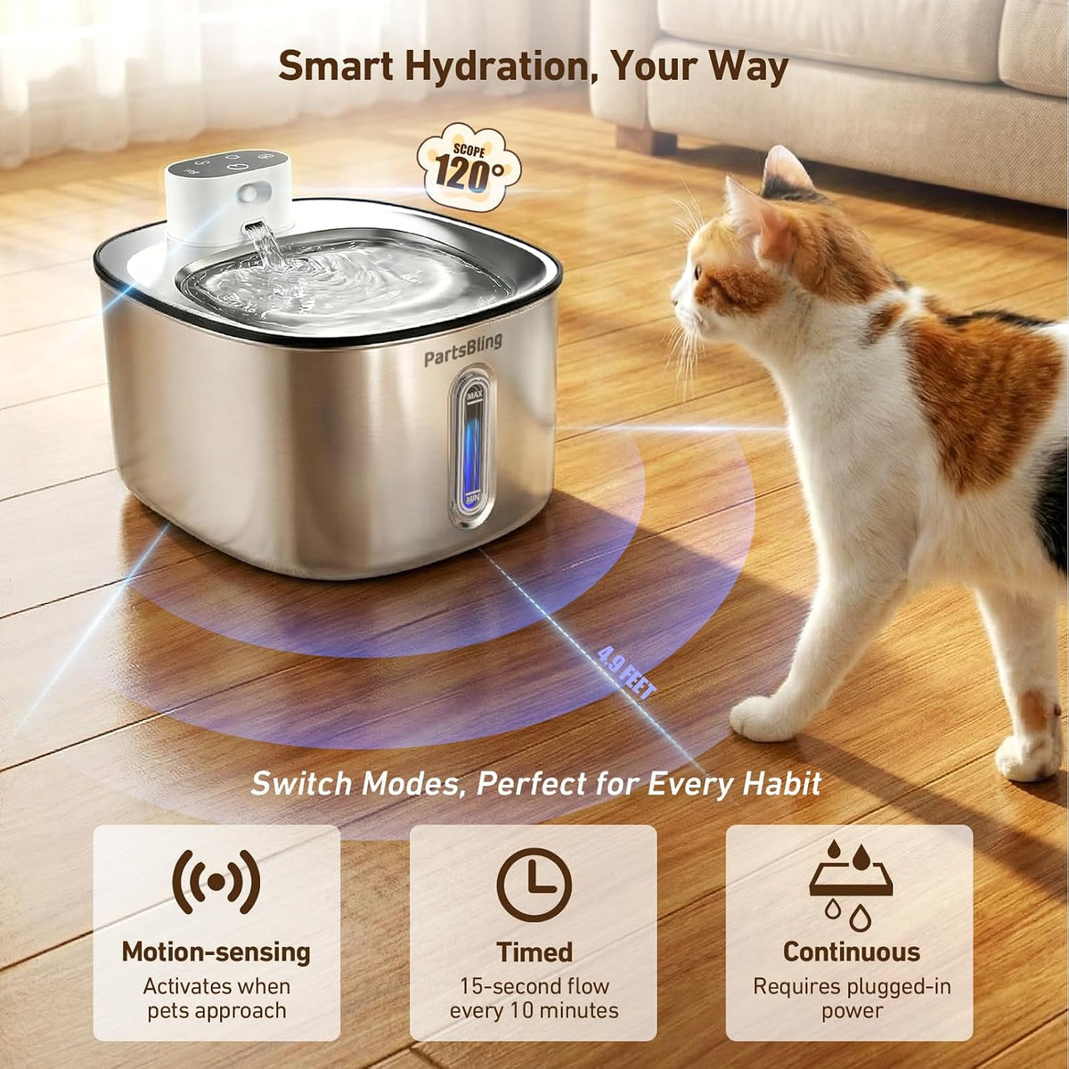 PartsBling Stainless Steel Cat Water Fountain, 4.2L/142 oz
