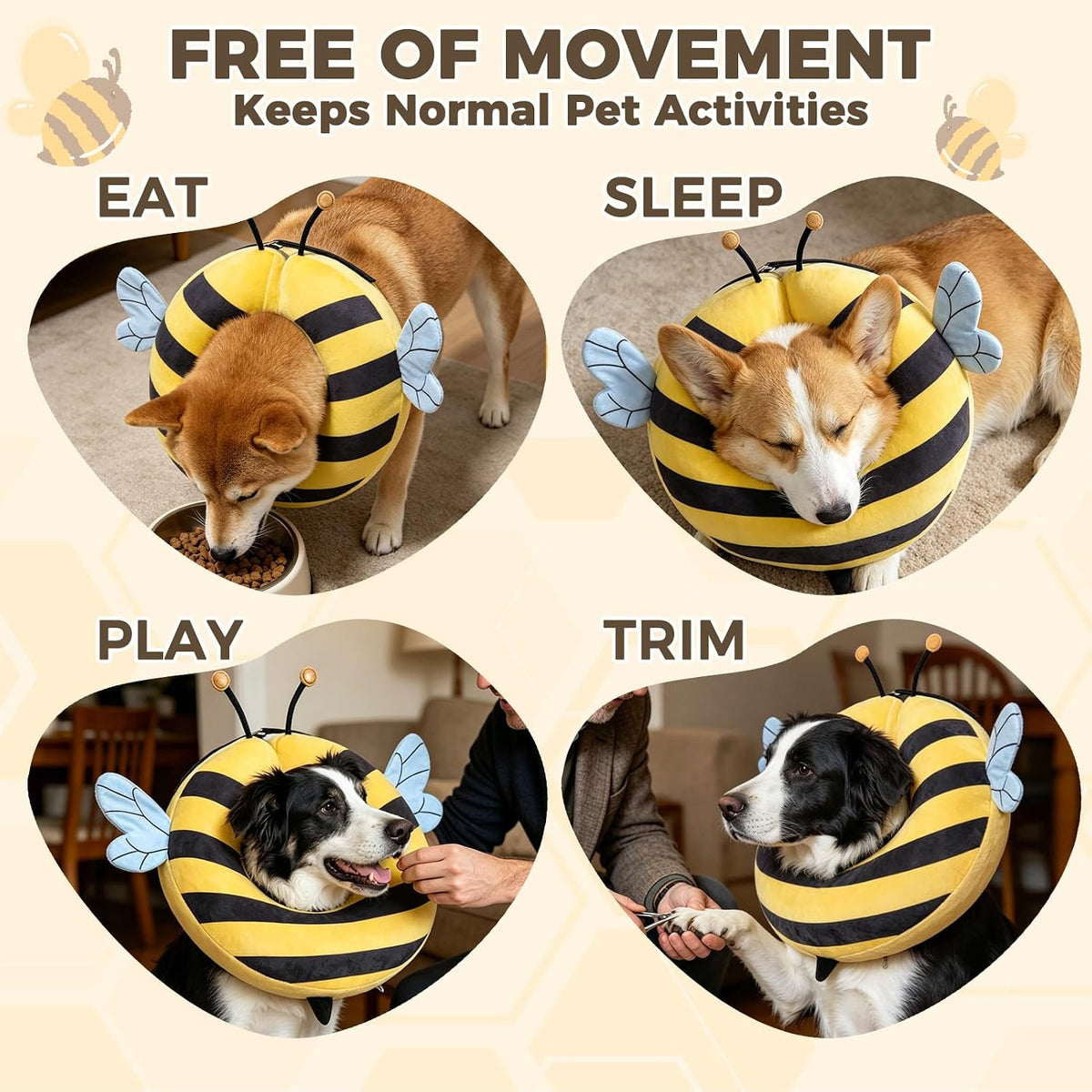 PAWCHIE Inflatable Dog Cone Collar Alternative, Soft Dog Cone for Medium to Large Dogs After Surgery, Adjustable Neck Recovery E-Collars Donut Collar with Cute Bee Shape, Yellow M