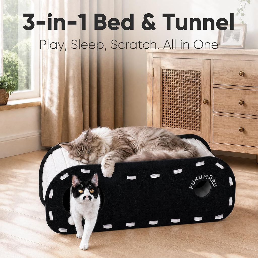 FUKUMARU Cat Bed Cave Tunnel, 31.5 Inch, Cat House Condo Indoor, Black