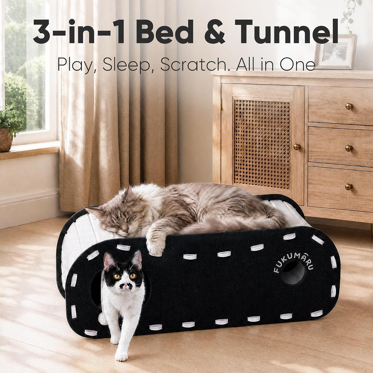 FUKUMARU Cat Bed Cave Tunnel, 31.5 Inch, Cat House Condo Indoor, Black