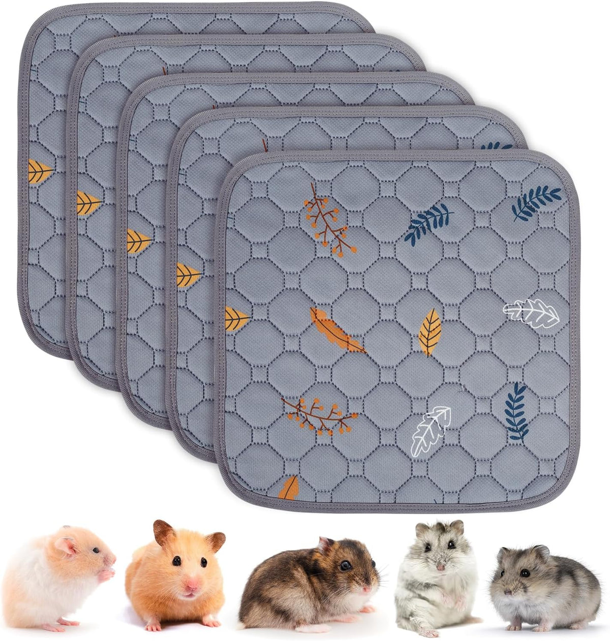 Sunheir Washable Pee Pads for Small Pet 5-Pack, Reusable Pet Training Pads Absorbent & Leak-Free, Waterproof Pee Pads for Dog Cat Rabbit Guinea Pig Hamster, Whelping Pad (Leaves - Light Grey, 12x12)