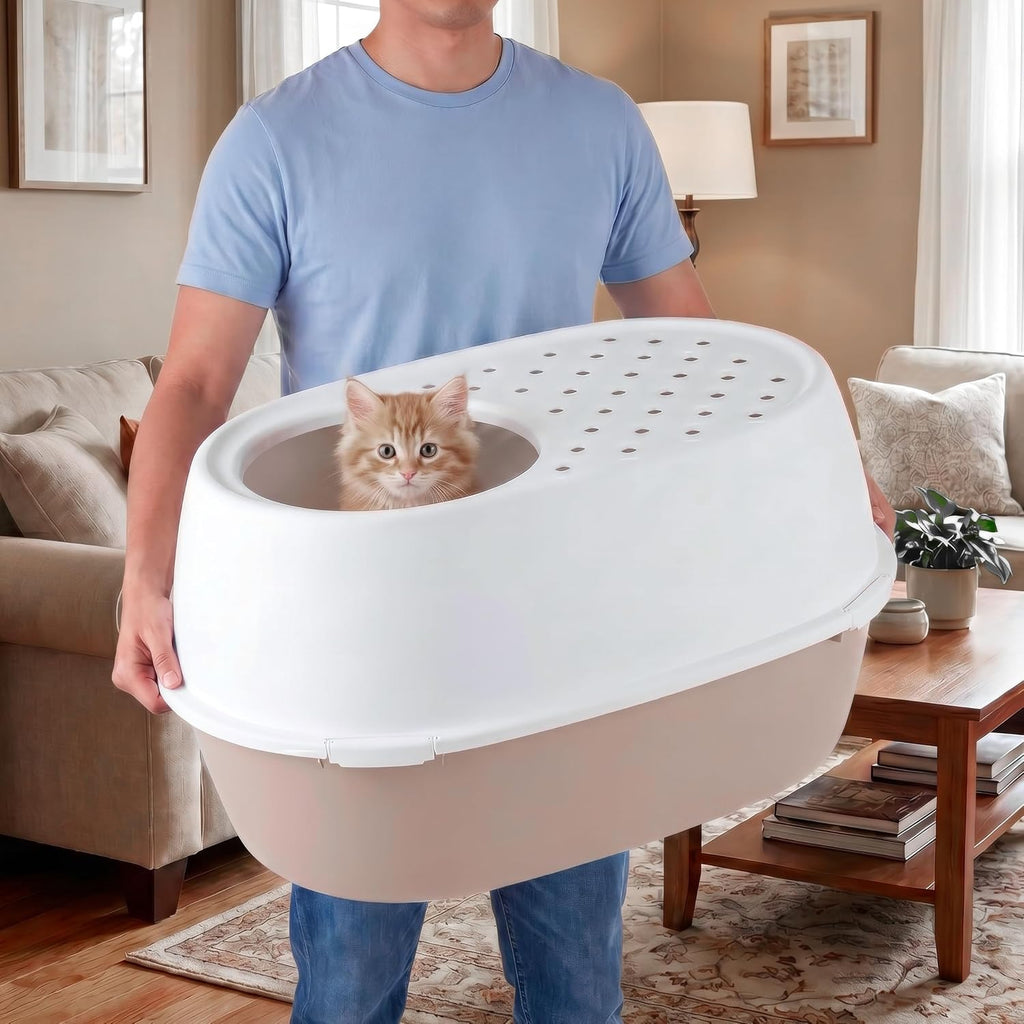 IRIS USA XX-Large Top Entry Cat Litter Box, Dog Proof, Beige/White | Extra Large, Heavy Duty Plastic, Big Cats, Secure 4-Buckle Lock, Tracking Control Lid, Quick Cleanup