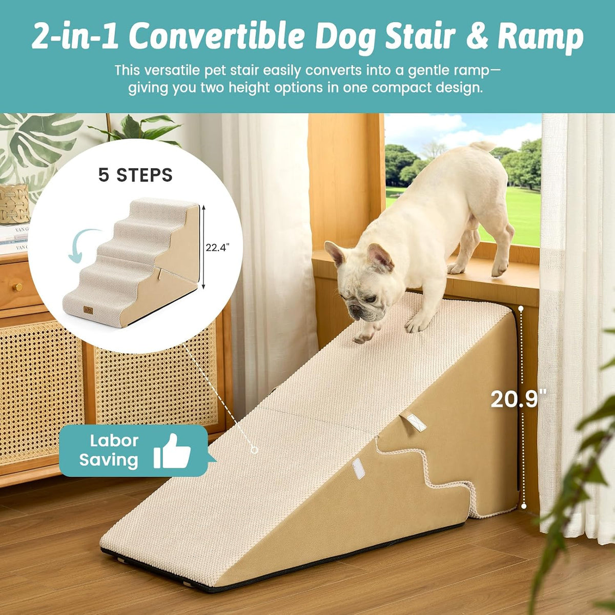 COZY KISS Dog Stairs for Small Dogs, 5-Step 2-in-1 Dog Steps,22.4" H