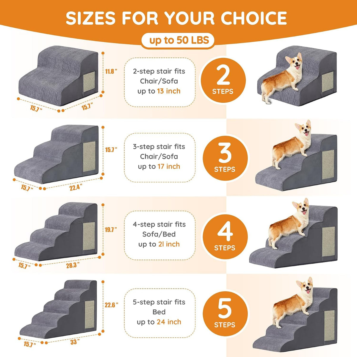 Ahpmeoa Dog Stairs for Small Dogs 11.8" H, Dog Ramp for Bed, 2-Step, Grey