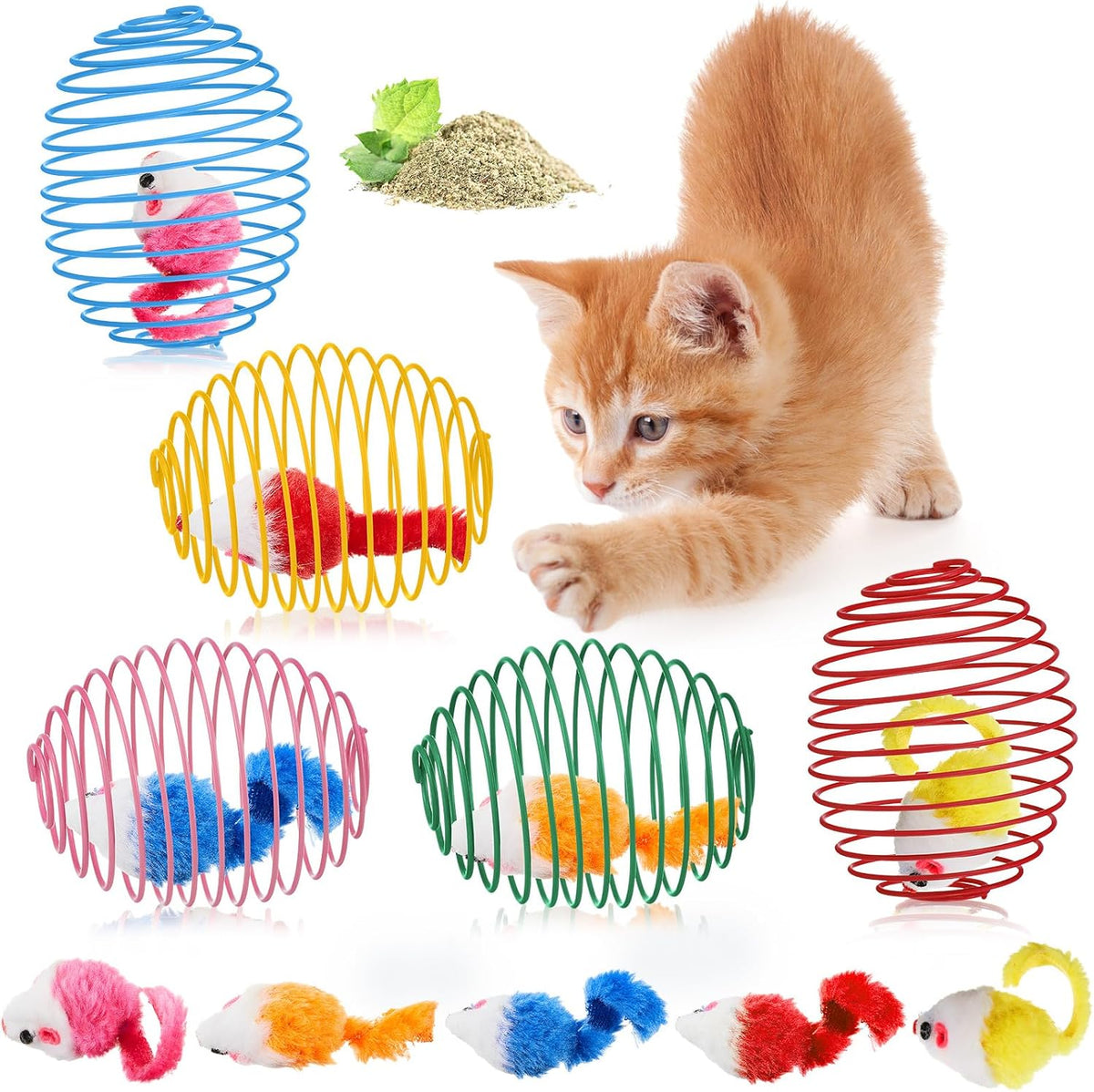 Jecery 5 Pcs Cat Toys Spring,Catnip Rats,Bright Color