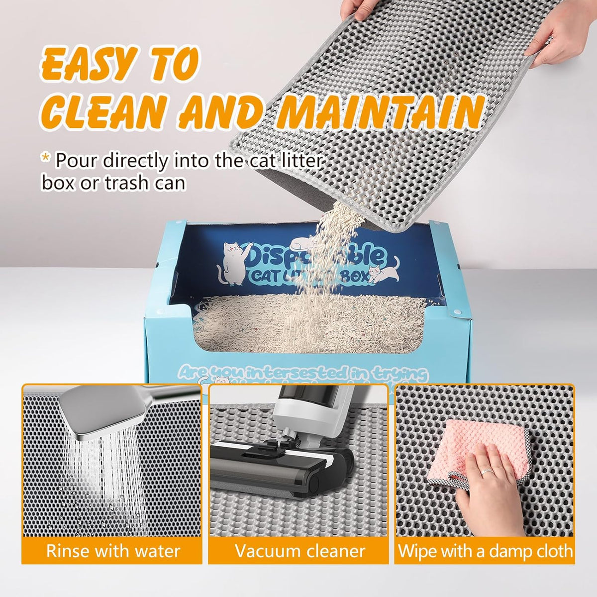 ondware Cat Litter Mat 24 x 15 in, Double Layer, Waterproof, Gray | Honeycomb EVA litter trapper, urine-proof non-slip base, soft on paws, easy shake or rinse clean