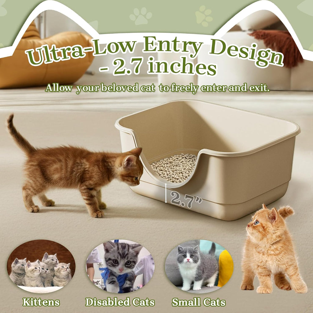 2 Pack Low Entry Small Litter Box for Kittens, Kitty Plastic Litter Boxes, Open Top, Anti-Splash High Sided Litter Tray Pan for Medium Pets, Puppy, Easy to Clean, 15.7"L*11.8"W*6.7"H (Beige)