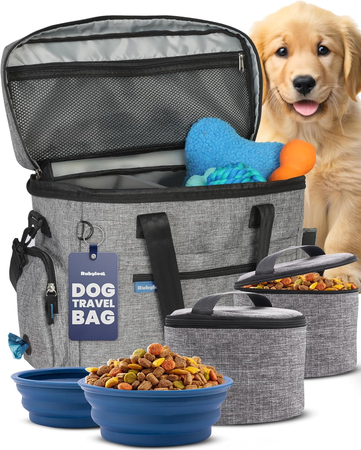 Original Doggy Bag™ Dog Travel Bag for Supplies with Travel Bowls | 2 BPA-Free Collapsible Bowls, 2 Pet Food Containers, TSA-Ready, Road Trips, Camping, Weekend Getaways, Doggy Gift, Grey 