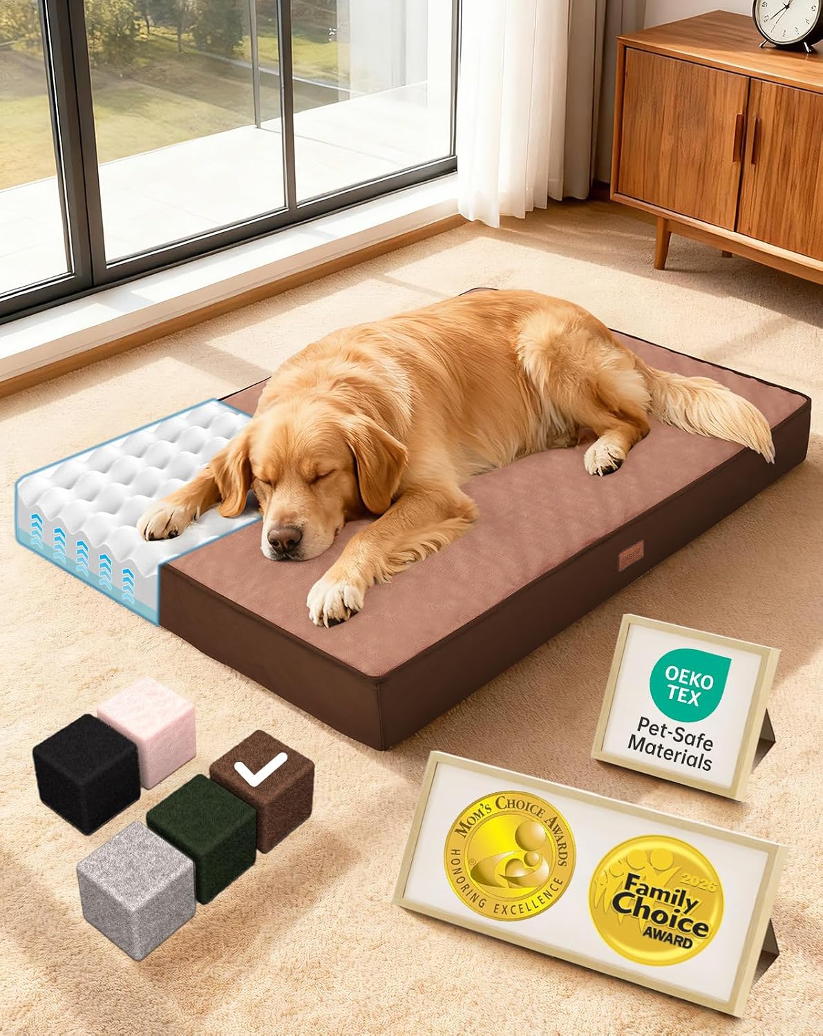 OhGeni Orthopedic Large Dog Bed, Reversible Memory Foam, 41 inch-XL(Brown)