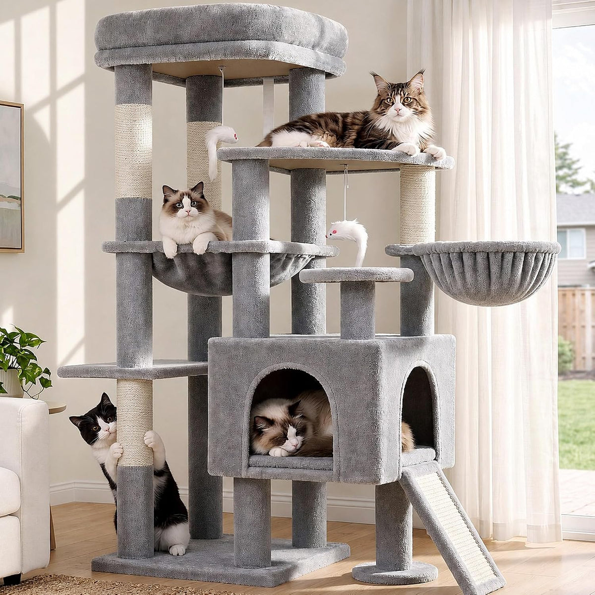 Globlazer S51 Sturdy Cat Tree Tower with Scratching Posts, Light Grey