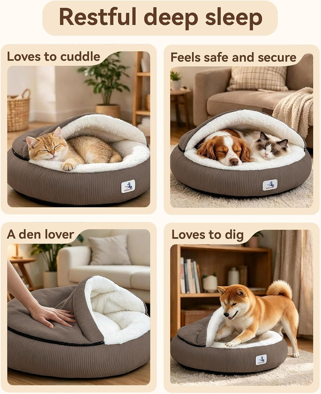 Calming Cozy Dog Cave Cover Bed, Burrow Small Doggy Anti Anxiety