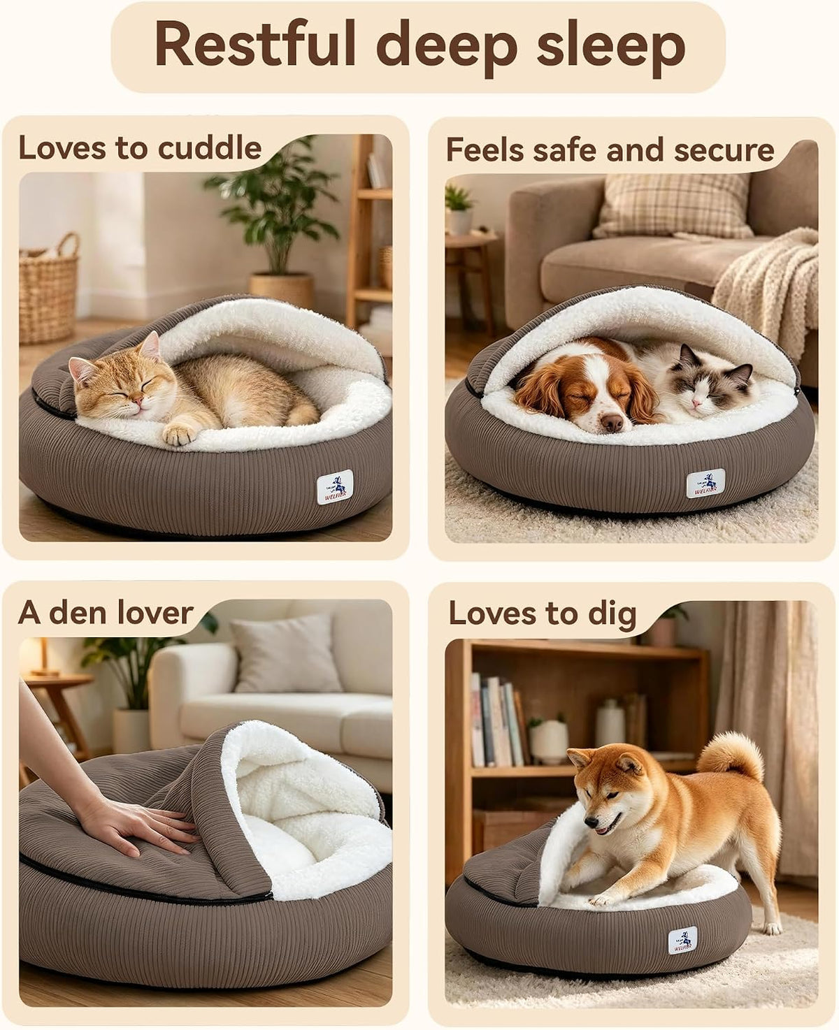 Calming Cozy Dog Cave Cover Bed, Burrow Small Doggy Anti Anxiety