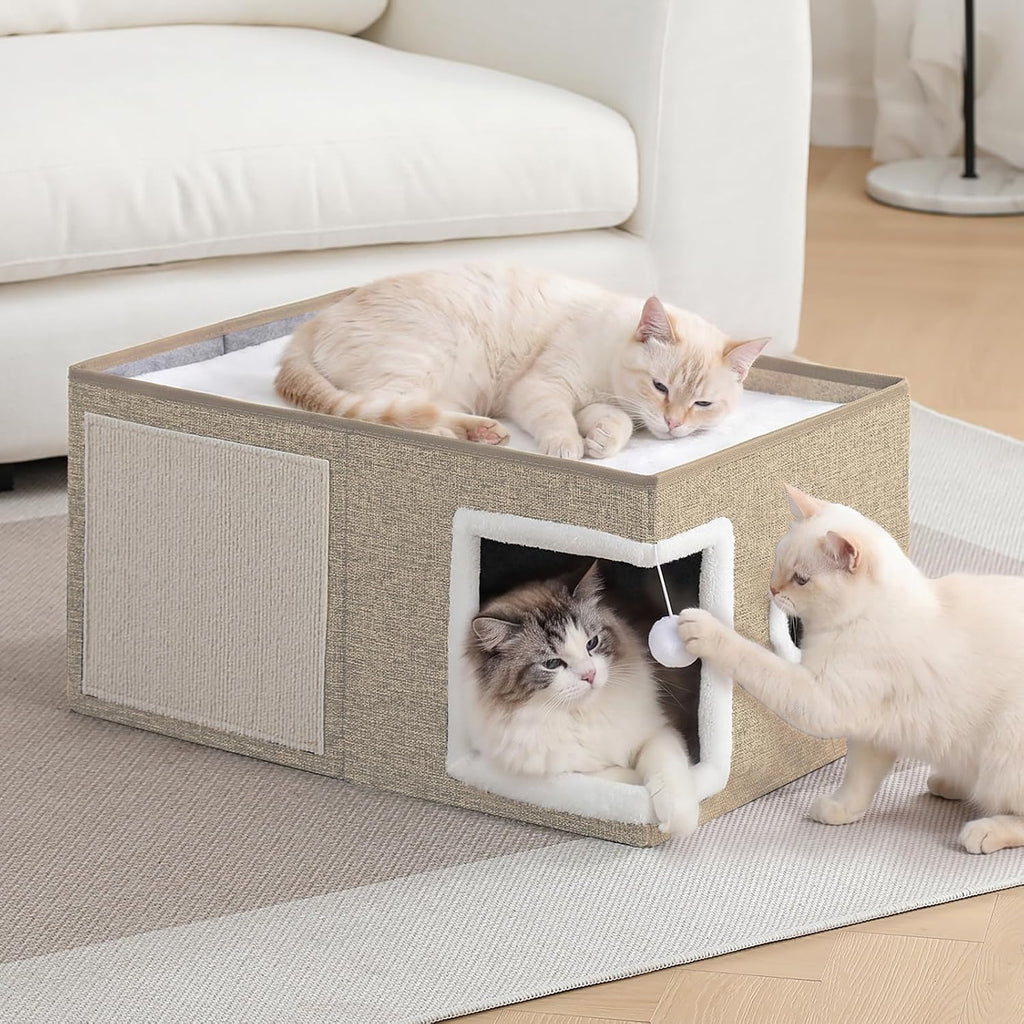Extra-Wide Cat Houses for Indoor Cats, Large Cat Cave Bed with Fluffy Ball and Scratch Pad, Foldable Covered Kitten Bed for Multiple Cats, 23.6x16x13 inches, Khaki