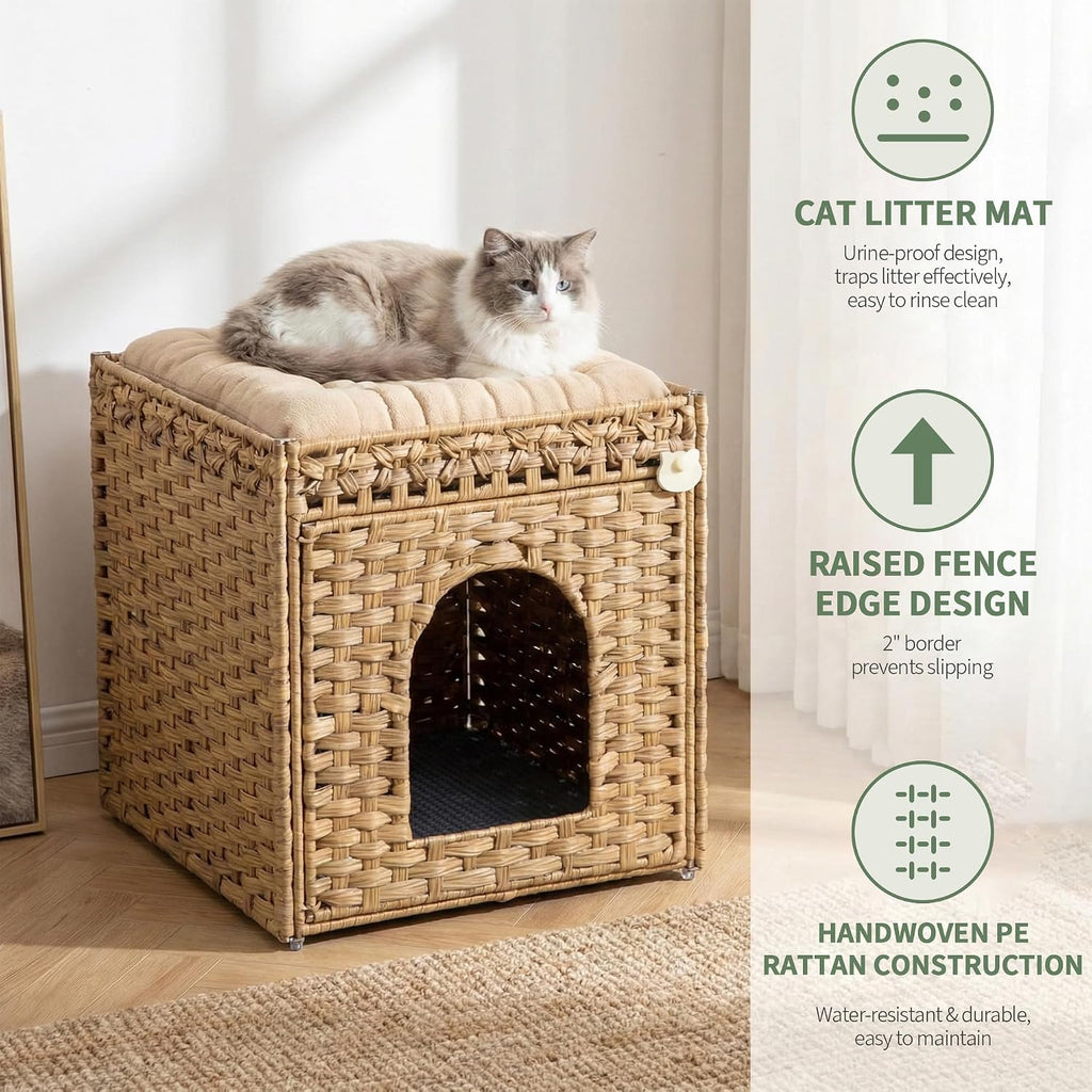 Cat Litter Box Furniture, Rattan Litter Box Enclosure Cabinet for Indoor Cats, Ventilated Covered Litter Box House, Decorative Litter Box Hider with Mat