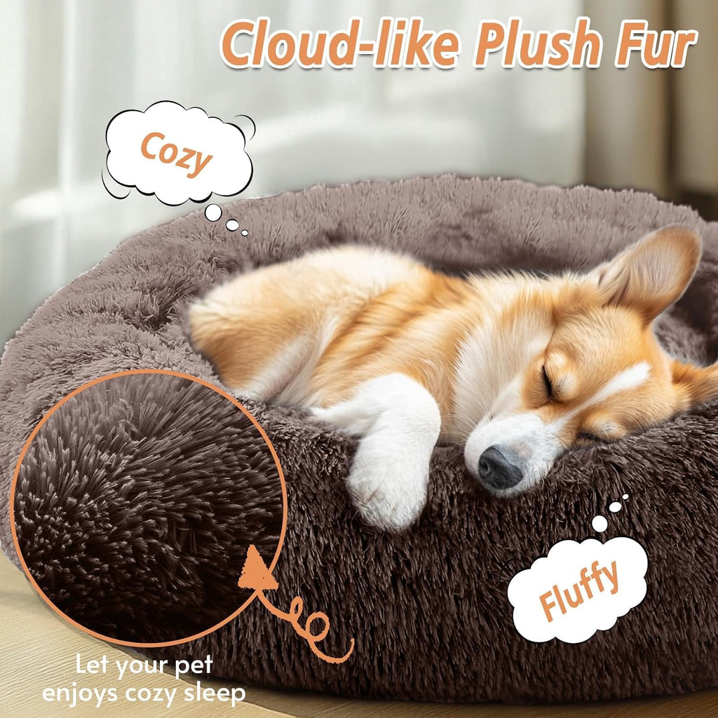 JOLLYVOGUE Calming Dog Beds Large Sized Dog, 36in Donut Washable Large Pet Bed, Anti-Slip & Anti-Anxiety Fluffy Faux Fur Round Dogs Bed, Fits up to 80 lbs Pets （Chocolate）