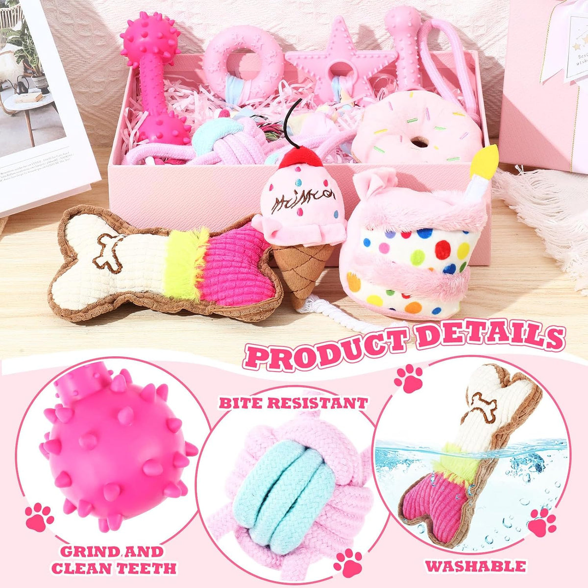 RoundFunny 11 Pcs Dog Birthday Toys Gift with Box, Classic, Pink