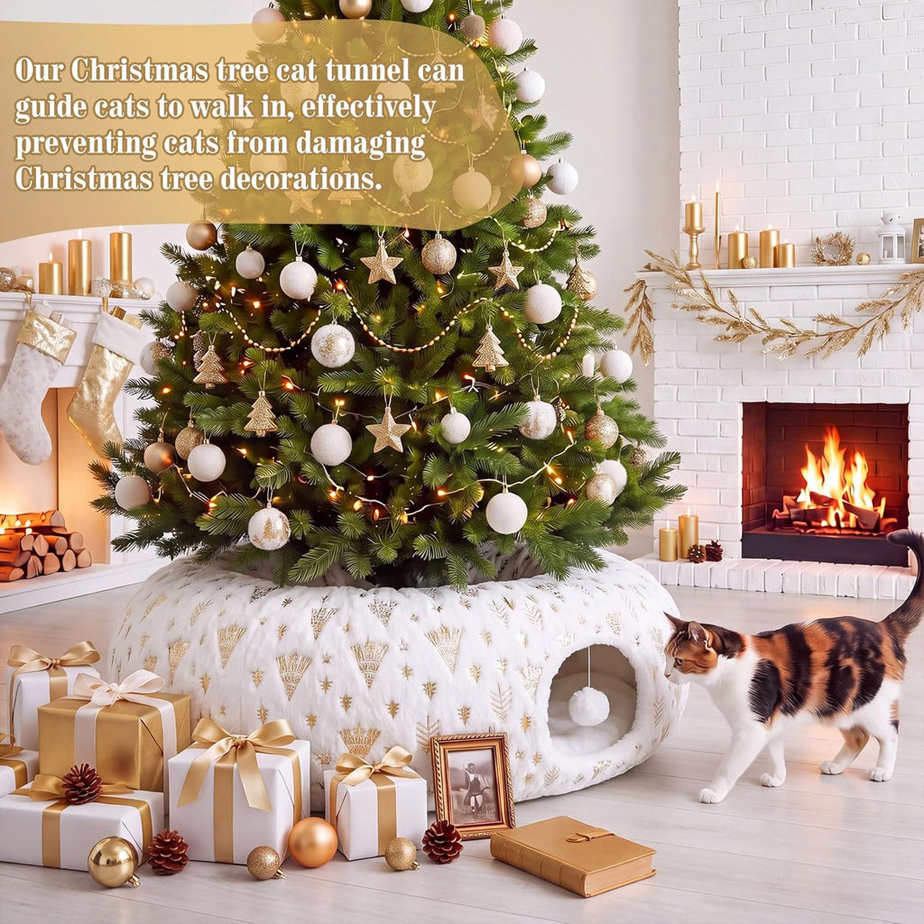 Christmas Tree Cat Tunnel 36 in Donut Bed, White, Polyester, Gold Foiling