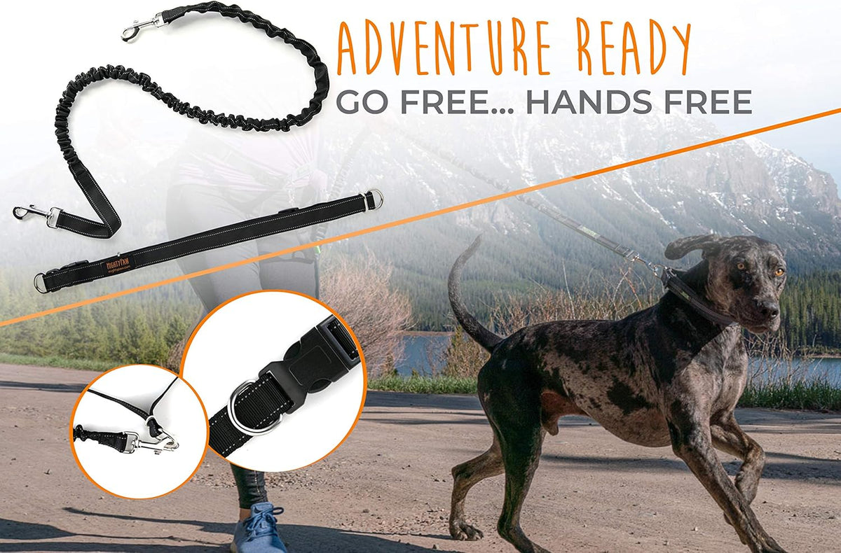 Mighty Paw Hands Free Dog Leash | Bungee Waist Leash for Dog Walking. Pet Running Hands Free Tether for Large, Medium & Small Breeds. Pet Waist Belt (36" - 48") Up to 150 lbs - Black