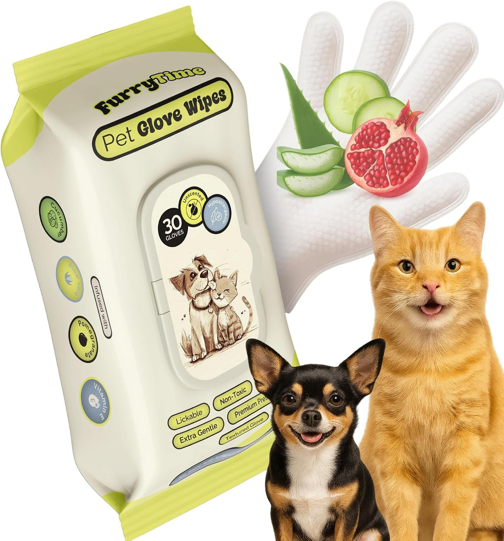 FURRYTIME Pet Cleaning Glove Wipes for Dogs & Cats, 30 Gloves, Hypoallergenic Pet Wipes Disposable No-Rinse Grooming, Extra Thick Bathing Wipes, Pet Dry Cleaning Paws, Coat, Ears, Eye Area, Butt | Hypoallergenic, Lick-Safe, Full-Body Grooming & Deodori...