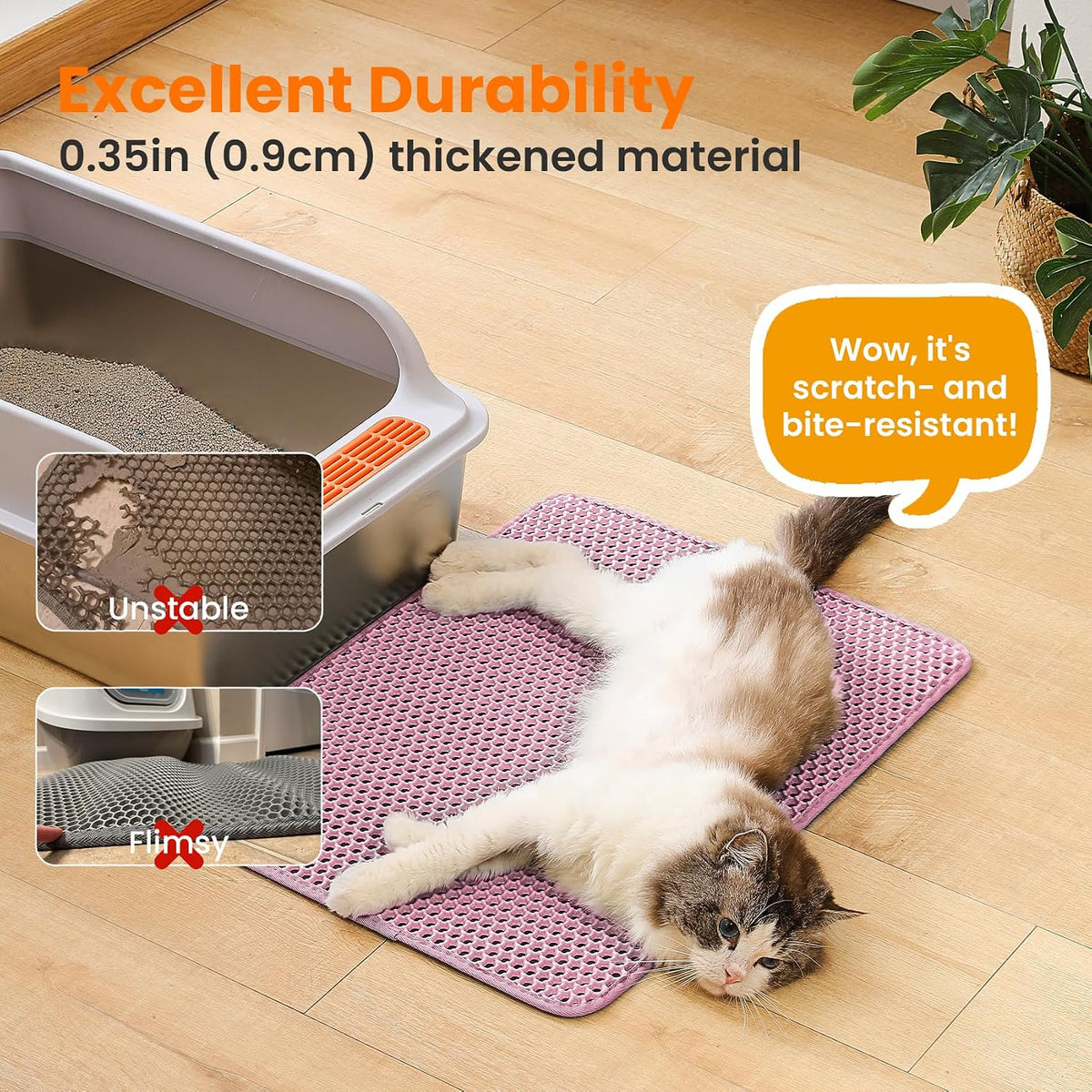 Cat Litter Mat, Double Layer Honeycomb Litter Box Mat | 24x18”, Efficient Litter Trapping, Easy to Clean, Waterproof, Non-Slip, Soft on Paws, Scratch Resistant, Pink, Large