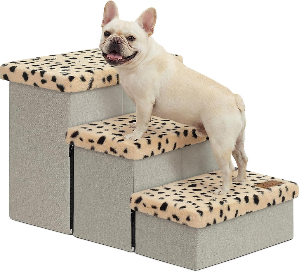 Zerbuger Dog Stairs with Storage, Beige Leopard 3 Steps Dog Ramp no Condo