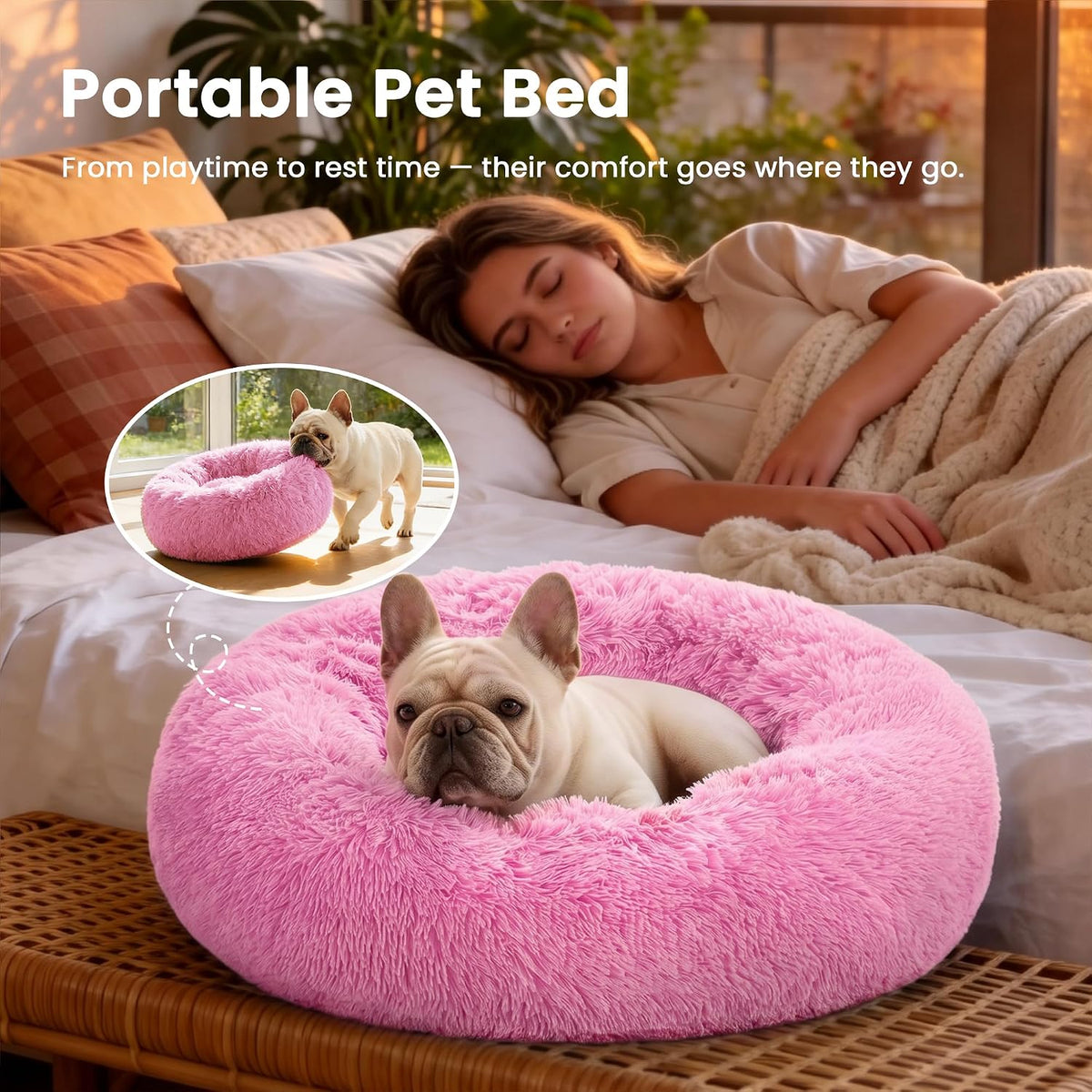 Love's cabin Calming Cat Bed for Indoor Cats, Anti-Anxiety Donut Round Dog Bed, Fluffy Faux Fur Washable Pet Bed for Small Medium Dogs and Cats, Pink, 20in