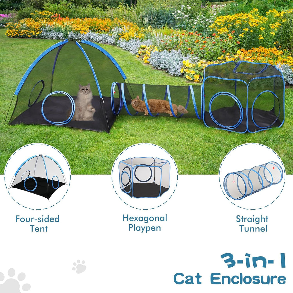 3-in-1 Outdoor Cat Enclosure, Portable Catio Tent with Tunnel