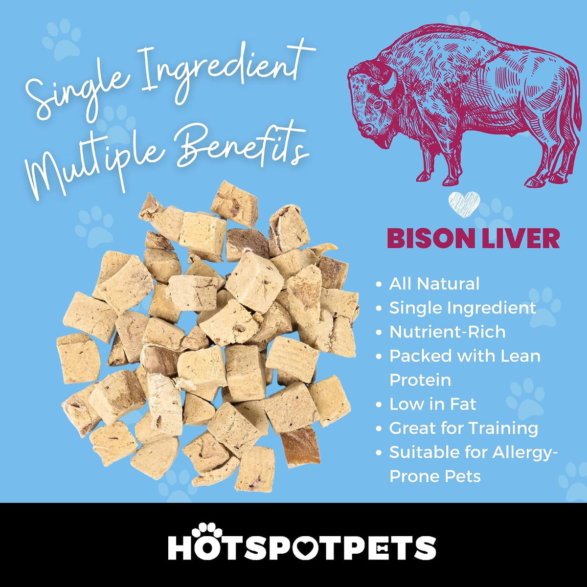 hotspot pets Freeze Dried Bison Liver Treats for Cats & Dogs - 1 Pound Big Bag, Made in USA, Single Ingredient All Natural, Grain-Free - Perfect for Training, Topper or Snack