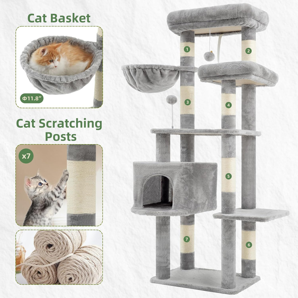 Gitelsnour 55.1'' Cat Tree Tower for Indoor Cats, Large Platform, GCT013W