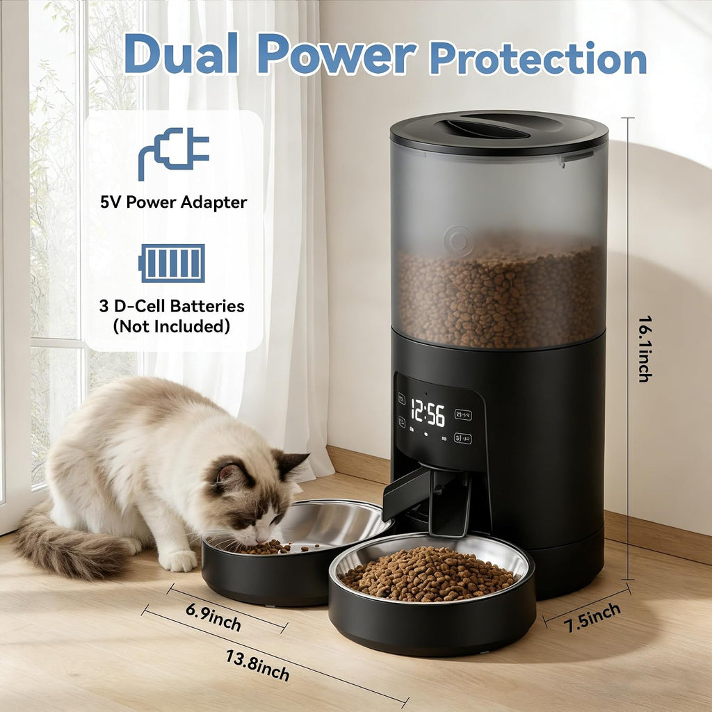 DUMOS 6L Automatic Cat Feeder for 2 Cats, Timed Pet Food Dispenser, Black