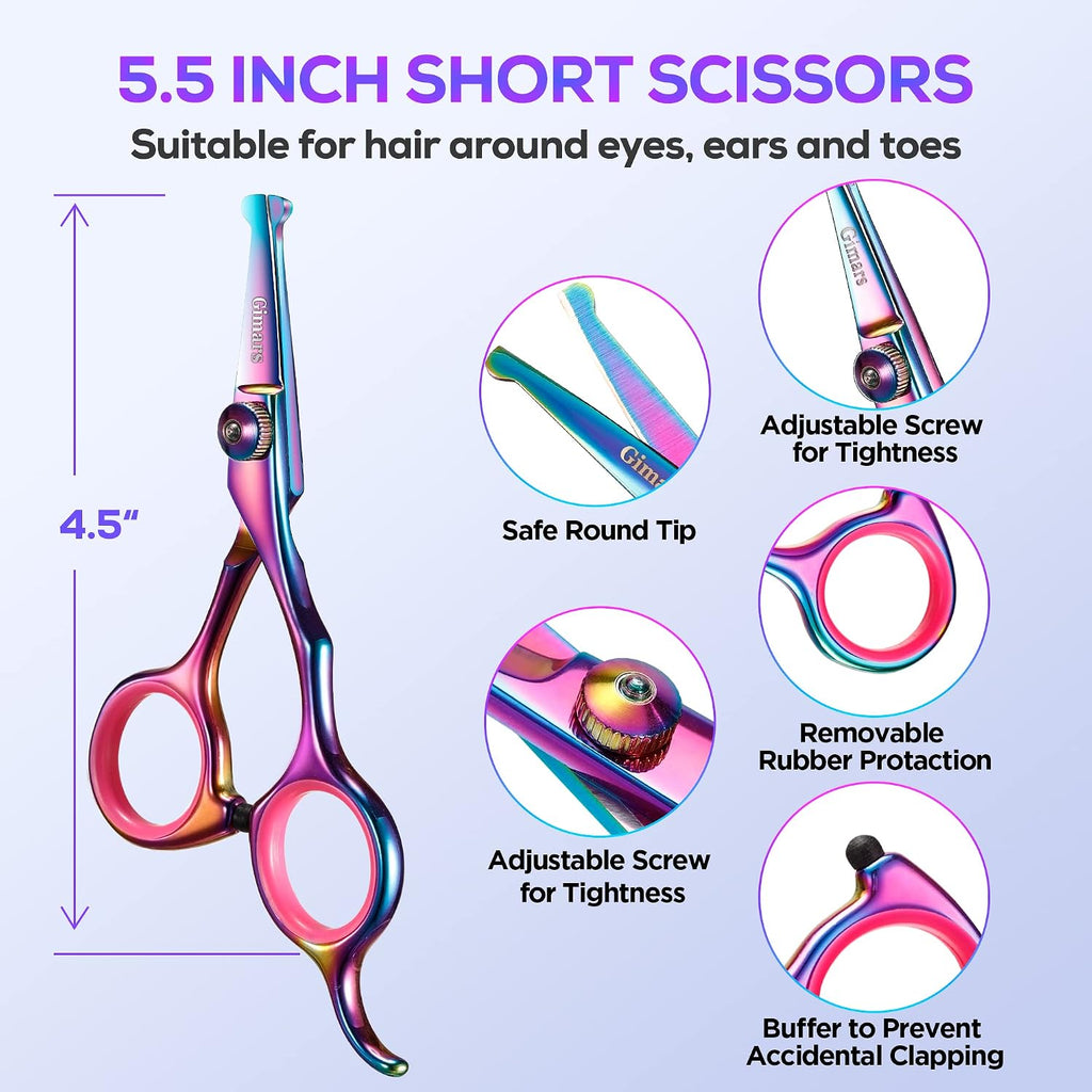 Gimars Professional 4CR Stainless Steel 6 in 1 Grooming Scissors for Dogs with Safety Round Tip, Heavy Duty Titanium Coated Pet Grooming Scissor for Dogs, Cats and Other Animals 