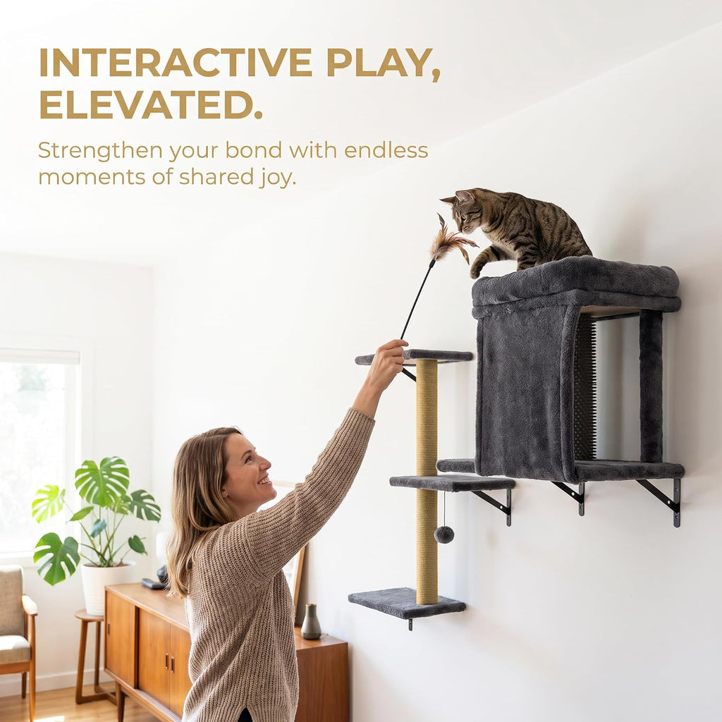 Cat Wall Shelves, 5-Piece Wall-Mounted Cat Tree for Large Cats, Cat Wall Furniture with Condo, Scratching Posts & Climbing Platforms