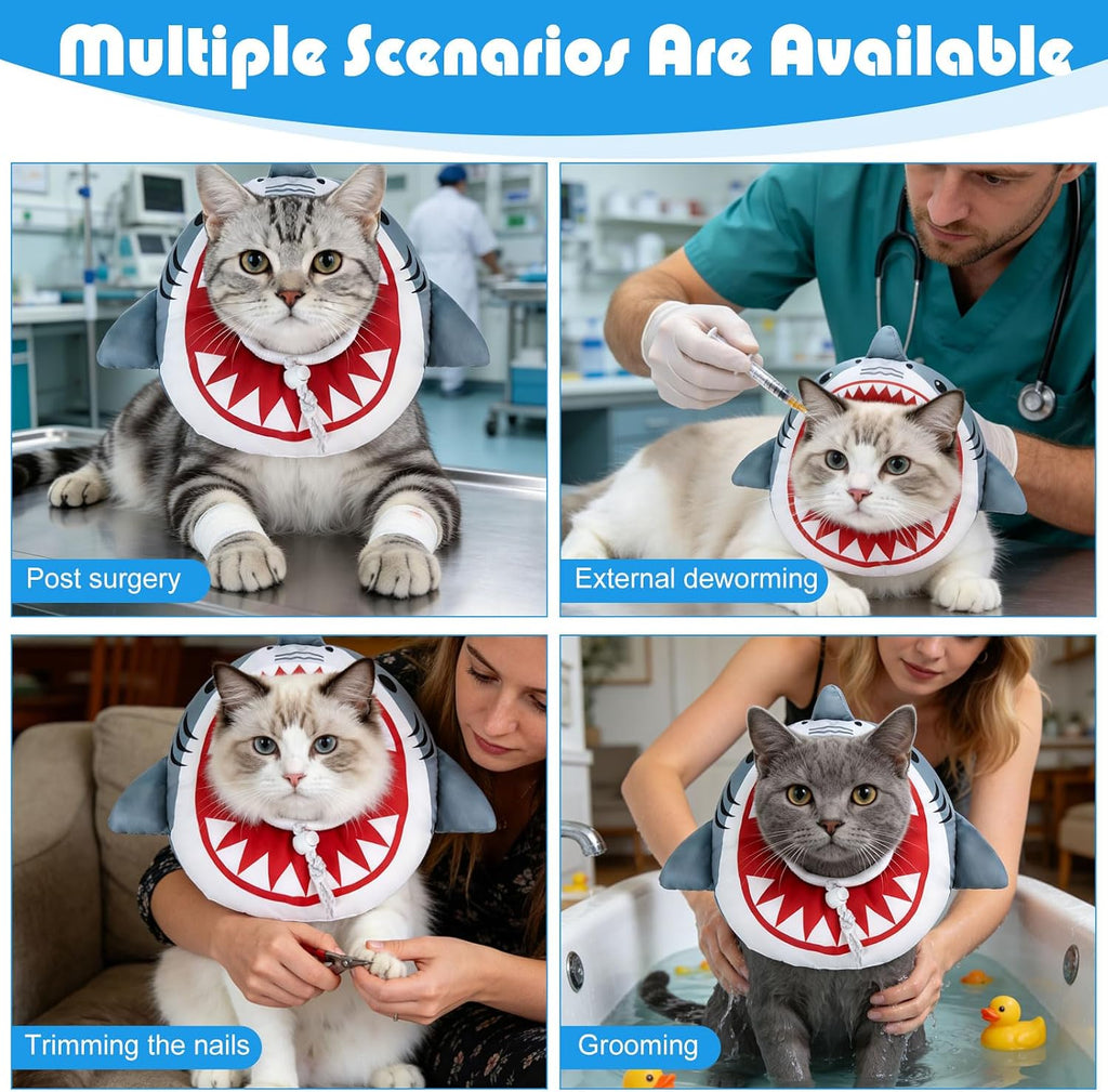 EXPAWLORER Cat Cone Collar Soft, Cat Recovery E Collar After Surgery to Stop Licking, Adjustable Waterproof Neck Elizabethan Pet Kitten Puppy Donut Pillow for Cats Wound Healing, Shark