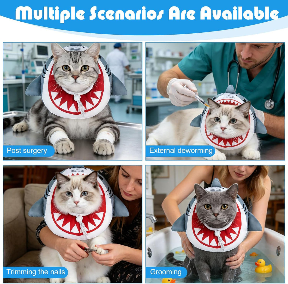 EXPAWLORER Cat Cone Collar Soft, Cat Recovery E Collar After Surgery to Stop Licking, Adjustable Waterproof Neck Elizabethan Pet Kitten Puppy Donut Pillow for Cats Wound Healing, Shark
